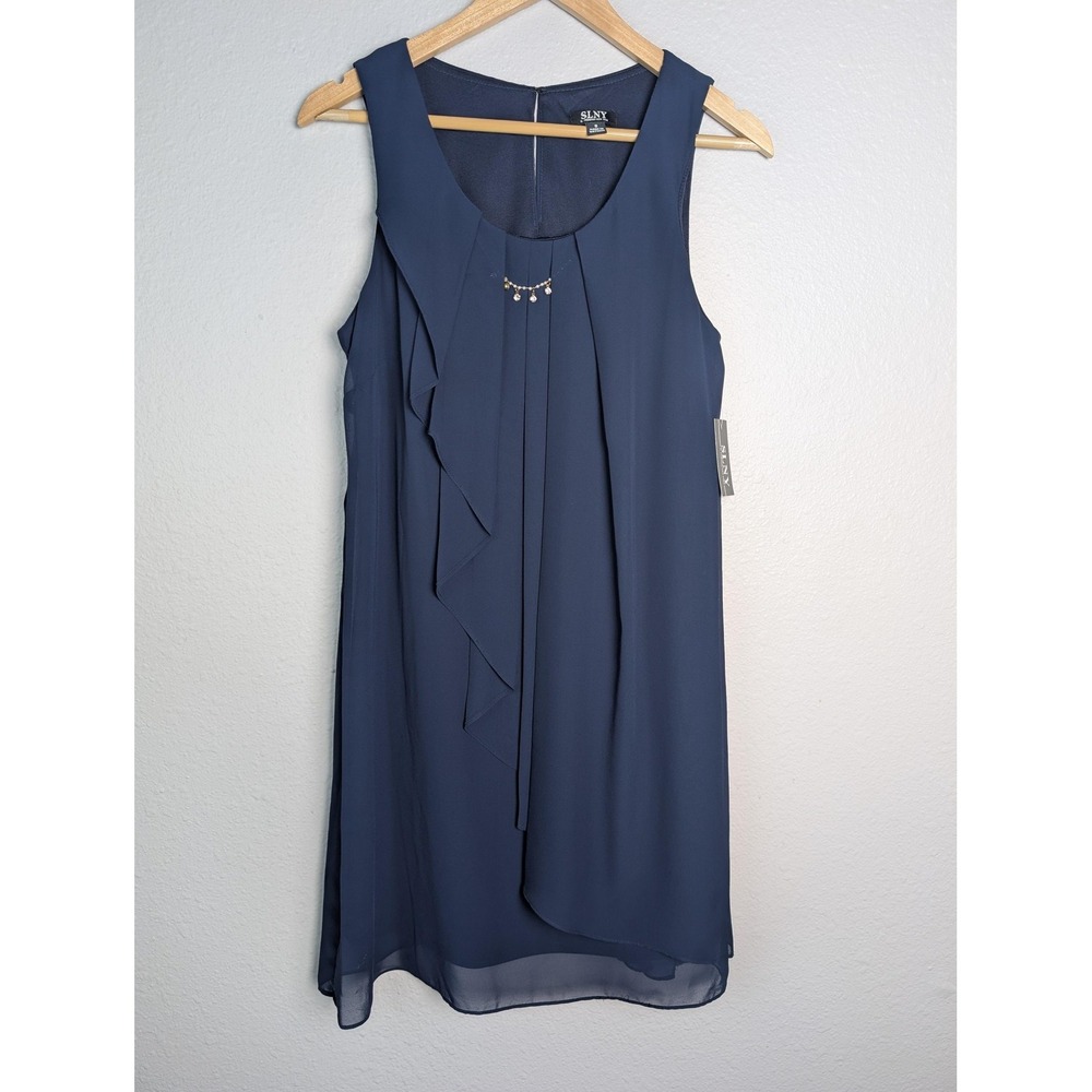 SLNY Dress Womens 8 Navy‎ Shift Sleeveless Scoop Neck Rhinestone Chiffon Lined